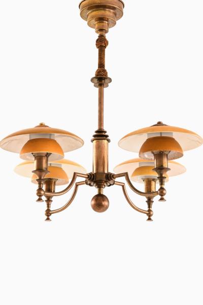  Lyfa Ceiling Lamp in Brass and Glass by Lyfa 1930s