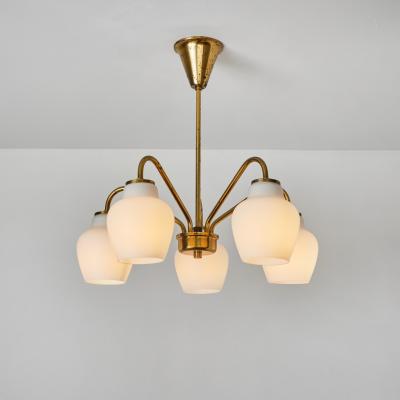 Lyfa Large 1950s Bent Karlby 5 Arm Glass and Brass Chandelier for Lyfa