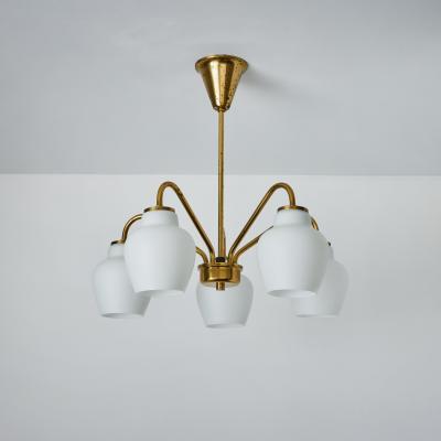  Lyfa Large 1950s Bent Karlby 5 Arm Glass and Brass Chandelier for Lyfa