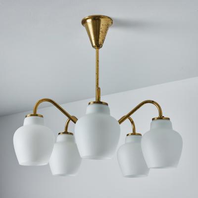  Lyfa Large 1950s Bent Karlby 5 Arm Glass and Brass Chandelier for Lyfa