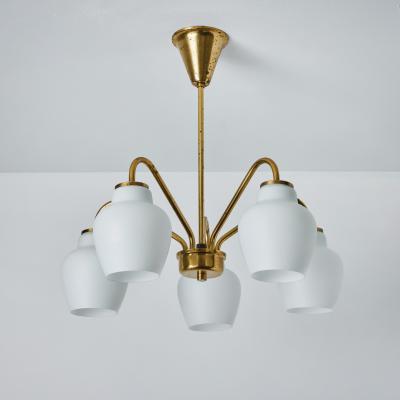  Lyfa Large 1950s Bent Karlby 5 Arm Glass and Brass Chandelier for Lyfa
