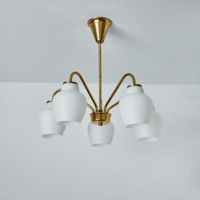  Lyfa Large 1950s Bent Karlby 5 Arm Glass and Brass Chandelier for Lyfa