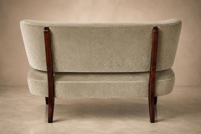  M veis Cimo Brazilian Modern Loveseat in Imbuia Wood and Sage Mohair Cimo Brazil