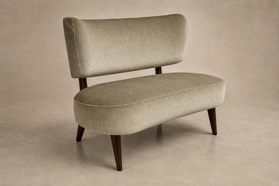  M veis Cimo Brazilian Modern Loveseat in Imbuia Wood and Sage Mohair Cimo Brazil