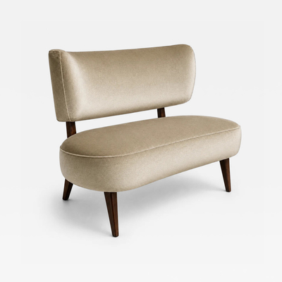  M veis Cimo Brazilian Modern Loveseat in Imbuia Wood and Sage Mohair Cimo Brazil