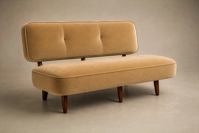  M veis Cimo Brazilian Modern Sofa in Imbuia Wood and Champagne Camel Mohair Cimo Brazil