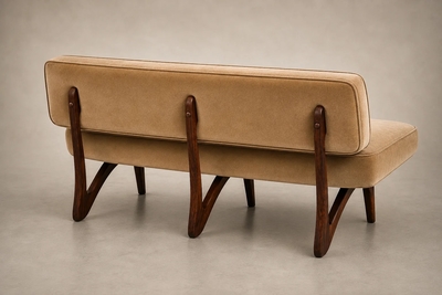  M veis Cimo Brazilian Modern Sofa in Imbuia Wood and Champagne Camel Mohair Cimo Brazil