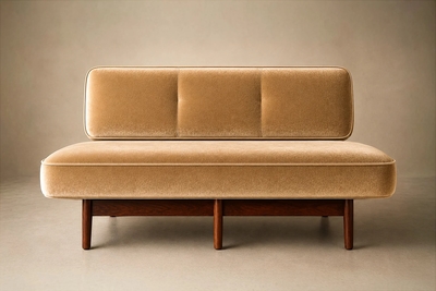  M veis Cimo Brazilian Modern Sofa in Imbuia Wood and Champagne Camel Mohair Cimo Brazil