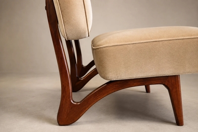  M veis Cimo Brazilian Modern Sofa in Imbuia Wood and Champagne Camel Mohair Cimo Brazil