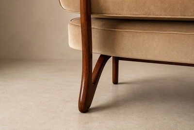 M veis Cimo Brazilian Modern Sofa in Imbuia Wood and Champagne Camel Mohair Cimo Brazil