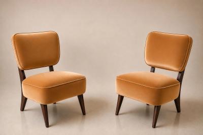  M veis Cimo Pair of Modern Lounge Armchairs in Imbuia Wood Camel Mohair Velvet by Cimo
