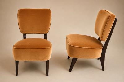  M veis Cimo Pair of Modern Lounge Armchairs in Imbuia Wood Camel Mohair Velvet by Cimo