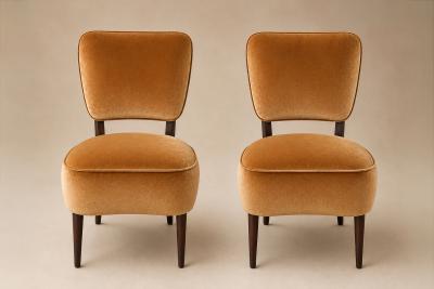  M veis Cimo Pair of Modern Lounge Armchairs in Imbuia Wood Camel Mohair Velvet by Cimo