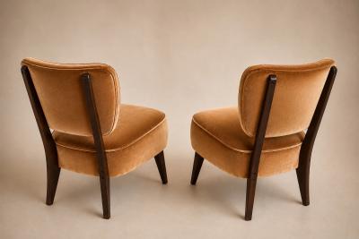  M veis Cimo Pair of Modern Lounge Armchairs in Imbuia Wood Camel Mohair Velvet by Cimo