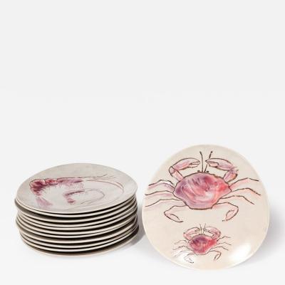  MBFA Pornic Set of 12 Mid Century Ceramic Plates w Oceanic Motifs in Mauve by MBFA Pornic