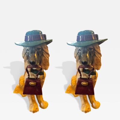  MERRYMAC MONUMENTAL PAIR OF LIFESIZE CERAMIC DOGS WITH FANCY HAT HANDBAG