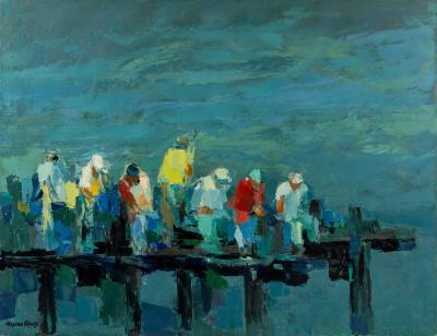  MISCHA KALLIS IMPRESSIONIST OIL ON CANVAS TITLED FIGURES ON A PIER BY MISCHA KALLIS