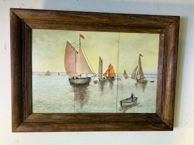  MUELLER MOSAIC COMPANY MID CENTURY CERAMIC TILE PLAQUE OF SAILBOATS SEASCAPE BY M MUELLER