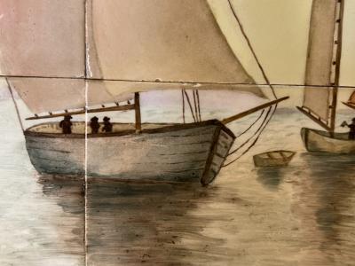  MUELLER MOSAIC COMPANY MID CENTURY CERAMIC TILE PLAQUE OF SAILBOATS SEASCAPE BY M MUELLER