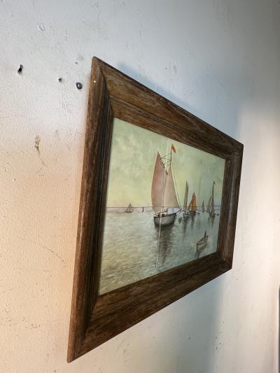  MUELLER MOSAIC COMPANY MID CENTURY CERAMIC TILE PLAQUE OF SAILBOATS SEASCAPE BY M MUELLER