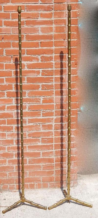  Maison Bagu s 1950 1970 Pair of Golden Bronze or Brass Floor Lamps Maison Bagu s Model Bamboo