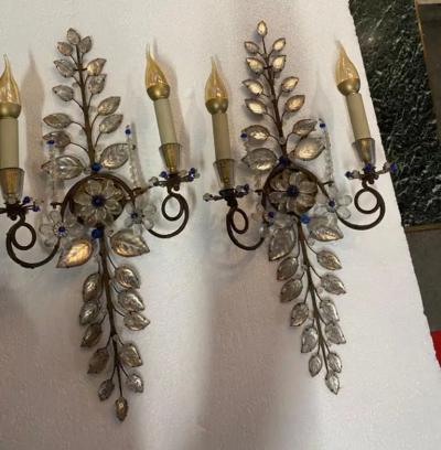  Maison Bagu s 1950 70 Pair of Maison Bagu s Daisy Sconces H 57 cm With Blue Glass Beads