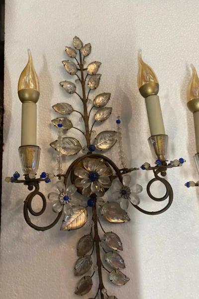  Maison Bagu s 1950 70 Pair of Maison Bagu s Daisy Sconces H 57 cm With Blue Glass Beads