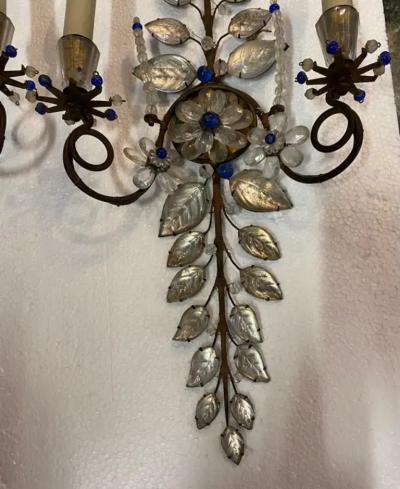  Maison Bagu s 1950 70 Pair of Maison Bagu s Daisy Sconces H 57 cm With Blue Glass Beads