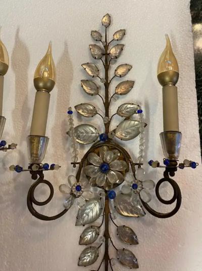  Maison Bagu s 1950 70 Pair of Maison Bagu s Daisy Sconces H 57 cm With Blue Glass Beads