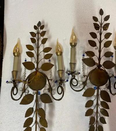  Maison Bagu s 1950 70 Pair of Maison Bagu s Daisy Sconces H 57 cm With Blue Glass Beads