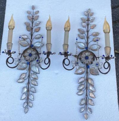  Maison Bagu s 1950 70 Pair of Maison Bagu s Daisy Sconces H 57 cm With Blue Glass Beads