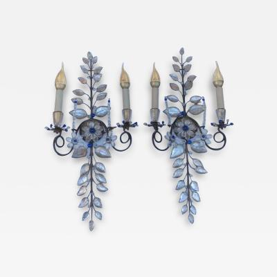  Maison Bagu s 1950 70 Pair of Maison Bagu s Daisy Sconces H 57 cm With Blue Glass Beads