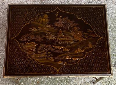  Maison Bagu s 1950 Maison Bagu s or Jansen Table Bamboo Decor in Gilt Bronze with China Lacq