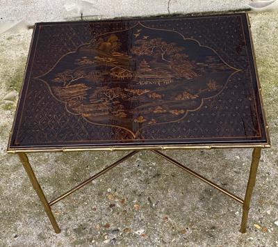  Maison Bagu s 1950 Maison Bagu s or Jansen Table Bamboo Decor in Gilt Bronze with China Lacq