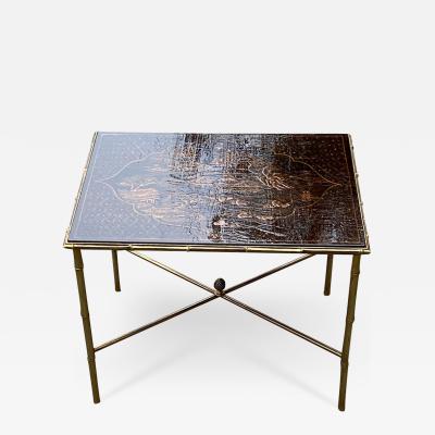  Maison Bagu s 1950 Maison Bagu s or Jansen Table Bamboo Decor in Gilt Bronze with China Lacq