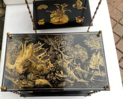  Maison Bagu s 1950 Pair Of Maison Bagu s Tables Bamboo Decor In Gilt Bronze With Chinese Lacq