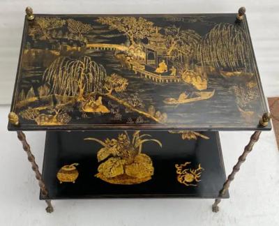  Maison Bagu s 1950 Pair Of Maison Bagu s Tables Bamboo Decor In Gilt Bronze With Chinese Lacq