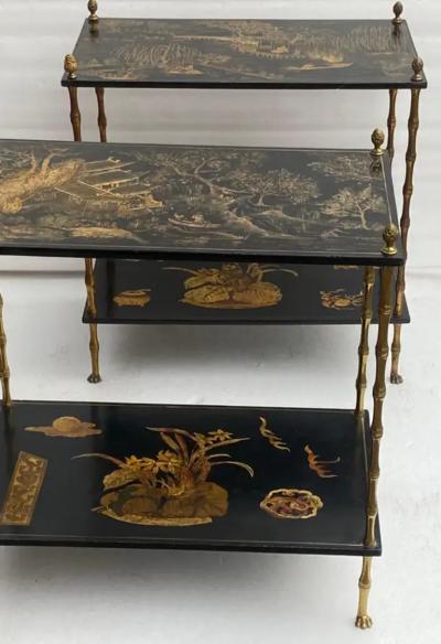  Maison Bagu s 1950 Pair Of Maison Bagu s Tables Bamboo Decor In Gilt Bronze With Chinese Lacq