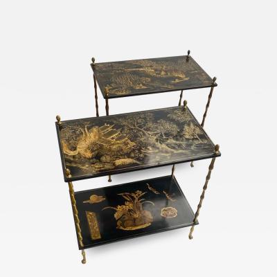  Maison Bagu s 1950 Pair Of Maison Bagu s Tables Bamboo Decor In Gilt Bronze With Chinese Lacq