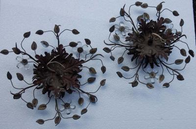  Maison Bagu s 1970 Pair of Ceiling Light or Wall Lamp with Flowers and Leaves Blue Glass