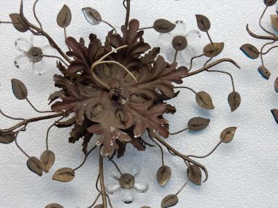  Maison Bagu s 1970 Pair of Ceiling Light or Wall Lamp with Flowers and Leaves Blue Glass