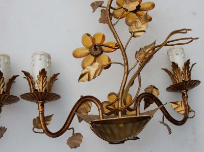  Maison Bagu s 1970 Pair of Wall Lamp in the Style of Maison Bagu s with Orange Color Flowers