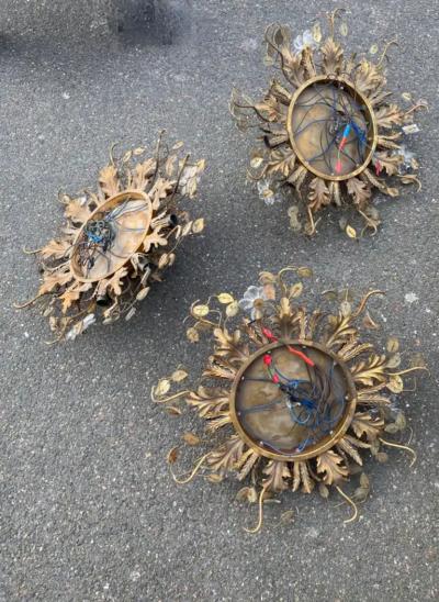  Maison Bagu s 1970 Suite of 3 Ceiling Lights or Wall Lamps Maison Bagu s Or Banci Glass leave