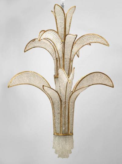  Maison Bagu s French Mid Century Crystal and Gilt Metal Palm Chandeliers