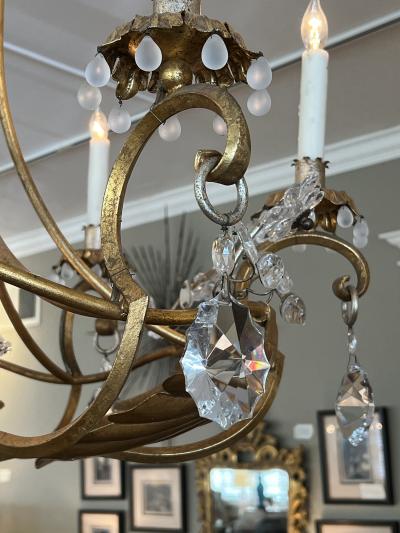 Maison Bagu s Italian 1960s Gilt metal and Tole 7 light Chandelier with Crystal Flowers