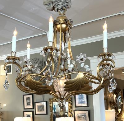  Maison Bagu s Italian 1960s Gilt metal and Tole 7 light Chandelier with Crystal Flowers