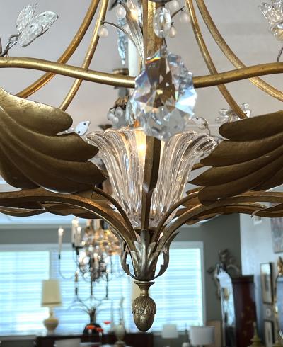  Maison Bagu s Italian 1960s Gilt metal and Tole 7 light Chandelier with Crystal Flowers