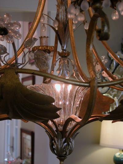  Maison Bagu s Italian 1960s Gilt metal and Tole 7 light Chandelier with Crystal Flowers