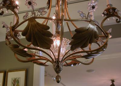  Maison Bagu s Italian 1960s Gilt metal and Tole 7 light Chandelier with Crystal Flowers