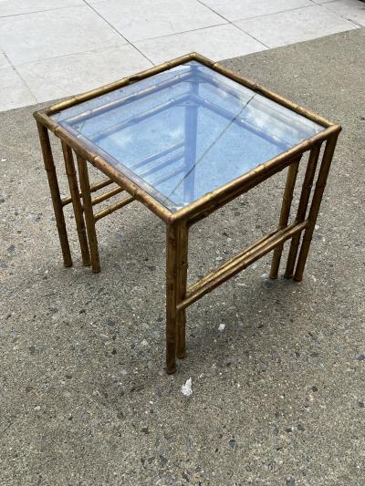 Maison Bagu s MID CENTURY ITALIAN GILT METAL BAMBOO TRIO OF NESTING TABLES